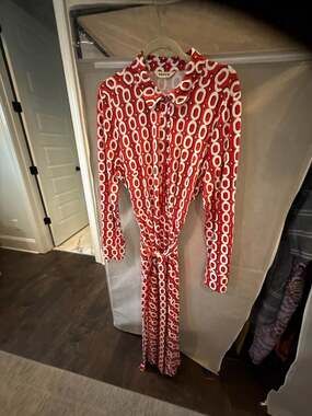 Boden Red and White Laura Geometric Link Print Long Sleeve Midi Shirt Dress